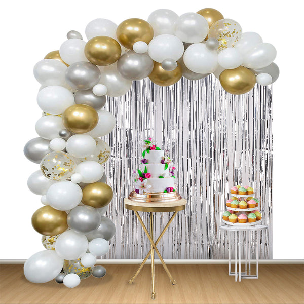 Balloon Arch, Foil Curtain & Balloon Ribbon Set - White & Gold - 165pcs