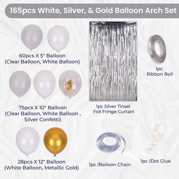 Balloon Arch, Foil Curtain & Balloon Ribbon Set - White & Gold - 165pcs
