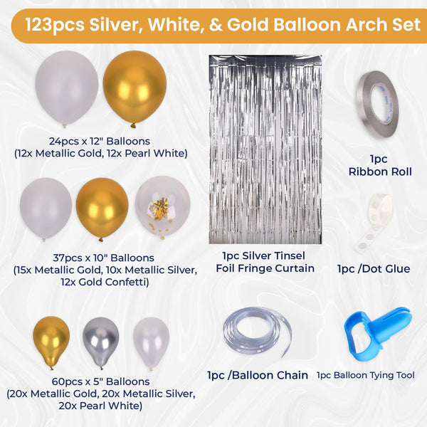 Balloon Arch, Foil Curtain & Balloon Ribbon Set - Silver, White & Gold - 123pcs