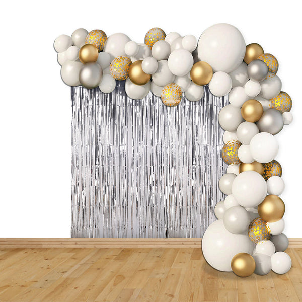 Balloon Arch, Foil Curtain & Balloon Ribbon Set - Silver, White & Gold - 123pcs