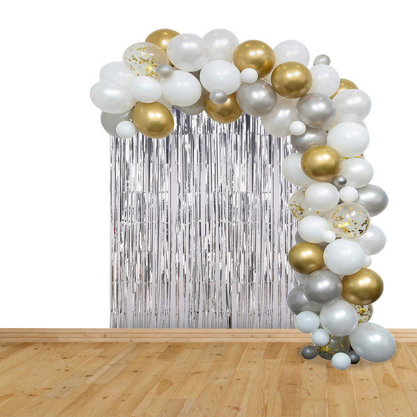 Balloon Arch, Foil Curtain & Balloon Ribbon Set - White & Gold - 165pcs