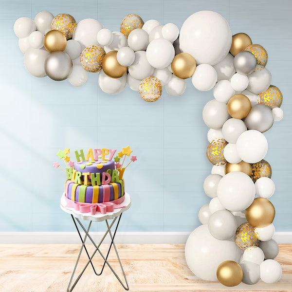 Balloon Arch, Foil Curtain & Balloon Ribbon Set - Silver, White & Gold - 123pcs