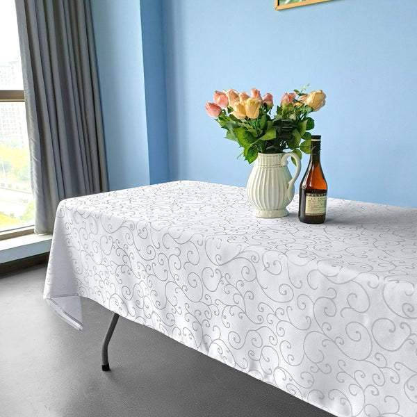 Multi Color White Rectangle Damask Polyester Tablecloth