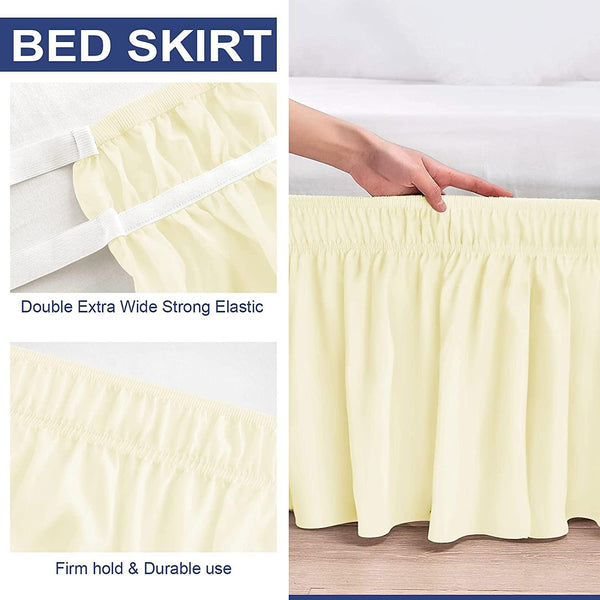 Bed Skirt Wrap Around Elastic Dust Ruffles Solid Color Wrinkle and Fade Resistant with Adjustable Elastic Belt 15 Inch Drop - kuogo