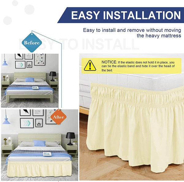 Bed Skirt Wrap Around Elastic Dust Ruffles Solid Color Wrinkle and Fade Resistant with Adjustable Elastic Belt 15 Inch Drop - kuogo