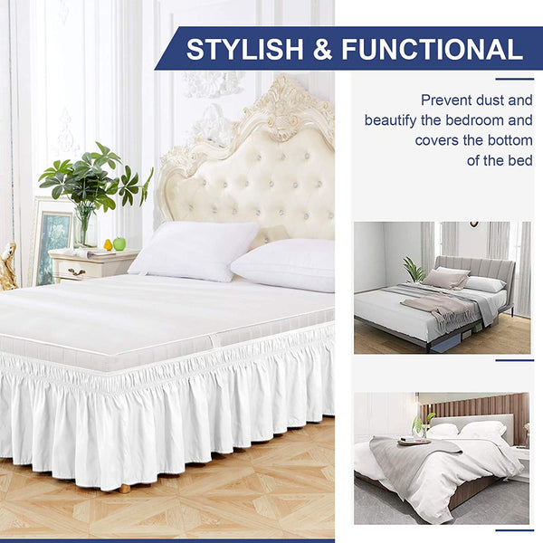 Wrap Around White Bed Skirts 15 Inch Drop with Elastic No Top Cover Dust Ruffles Queen-King Size - kuogo