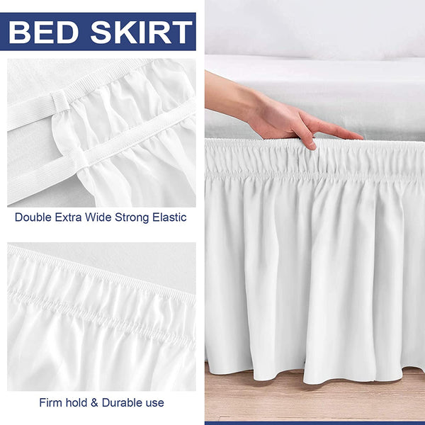 Wrap Around White Bed Skirts 15 Inch Drop with Elastic No Top Cover Dust Ruffles Queen-King Size - kuogo
