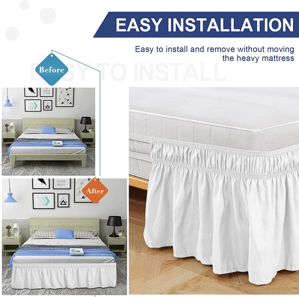 Wrap Around White Bed Skirts 15 Inch Drop with Elastic No Top Cover Dust Ruffles Queen-King Size - kuogo