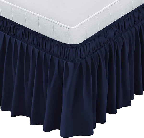 Navy Blue Bed Skirt 15-16 inch Drop Dust Ruffle Three Fabric Sides Wrap Around with Elastic No Top Easy Queen/King sizes - kuogo