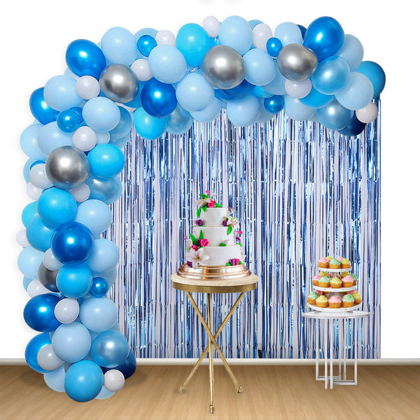 Balloon Arch, Foil Curtain & Balloon Ribbon Set - Blue, White & Silver - 119pcs