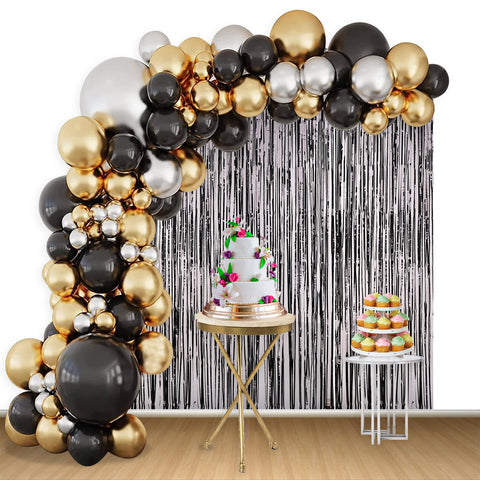 Balloon Arch, Foil Curtain & Balloon Ribbon Set - Black & Gold - 110pcs