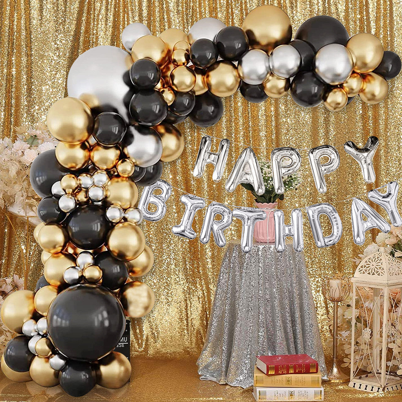 Metallic Balloon Arch With Happy Birthday Foil Balloon Set - Black, Gold, Silver - 109pcs