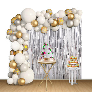 Balloon Arch, Foil Curtain & Balloon Ribbon Set - Silver, White & Gold - 123pcs