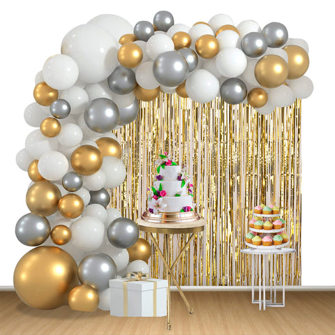 Balloon Arch, Foil Curtain & Balloon Ribbon Set - Gold, White, Grey - 179pcs