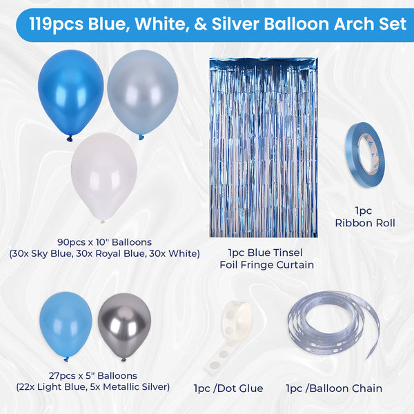 Balloon Arch, Foil Curtain & Balloon Ribbon Set - Blue, White & Silver - 119pcs