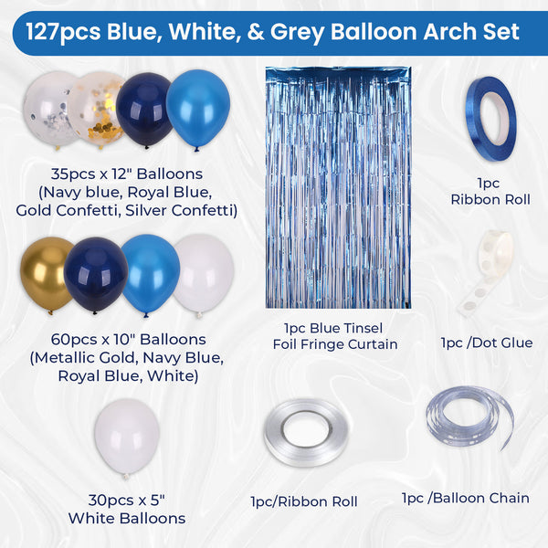 Balloon Arch, Foil Curtain & Balloon Ribbon Set - Blue, White & Grey - 127pcs