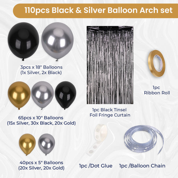 Balloon Arch, Foil Curtain & Balloon Ribbon Set - Black & Gold - 110pcs