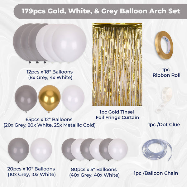 Balloon Arch, Foil Curtain & Balloon Ribbon Set - Gold, White, Grey - 179pcs