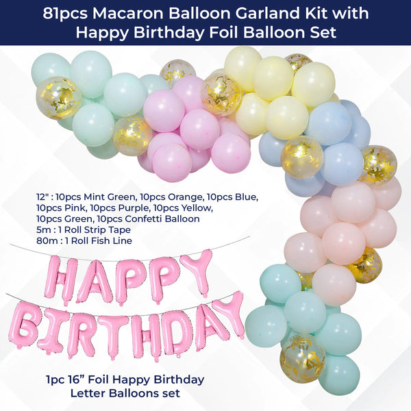 Pastel Balloon Arch With Happy Birthday Foil Balloon Set - 81pcs