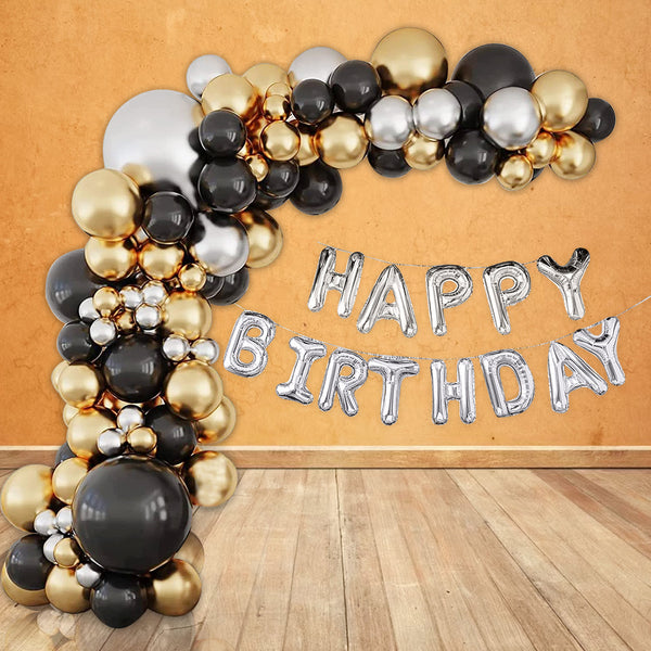 Metallic Balloon Arch With Happy Birthday Foil Balloon Set - Black, Gold, Silver - 109pcs