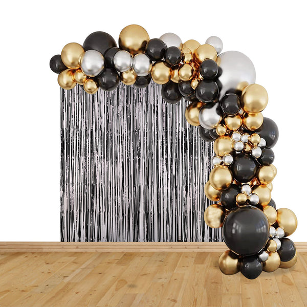 Balloon Arch, Foil Curtain & Balloon Ribbon Set - Black & Gold - 110pcs