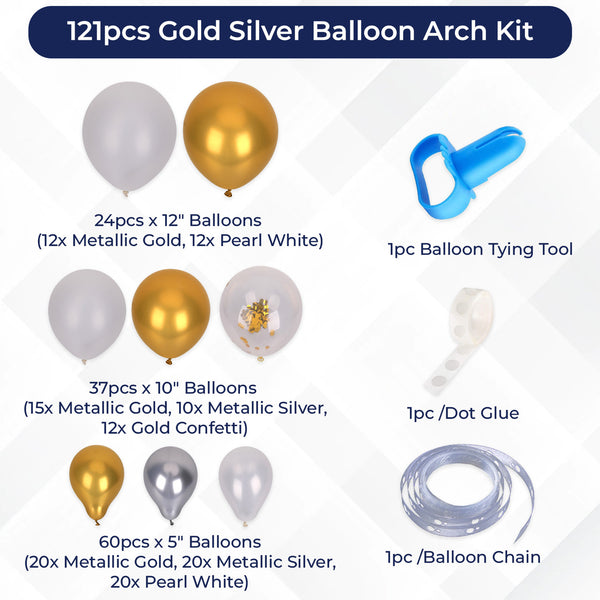 121pc Balloon Arch Kit - Gold, Silver And White