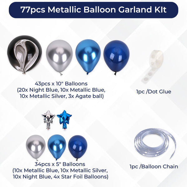 77pc Balloon Arch Kit - Dark Blue, Light Blue And Silver