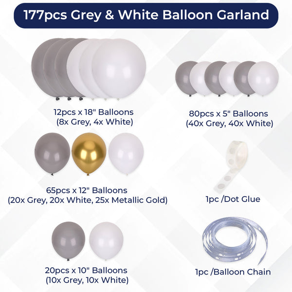 177pc Balloon Arch Kit - Grey & Gold