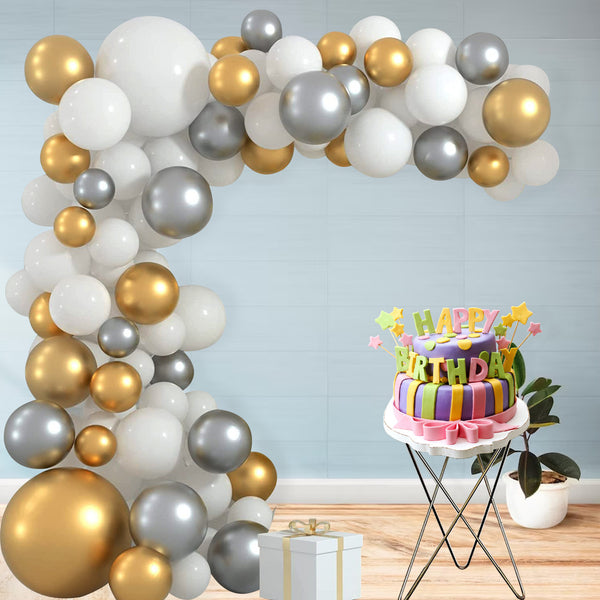 Balloon Arch, Foil Curtain & Balloon Ribbon Set - Gold, White, Grey - 179pcs