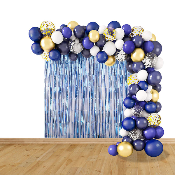 Balloon Arch, Foil Curtain & Balloon Ribbon Set - Blue, White & Grey - 127pcs