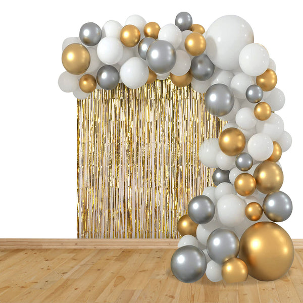 Balloon Arch, Foil Curtain & Balloon Ribbon Set - Gold, White, Grey - 179pcs