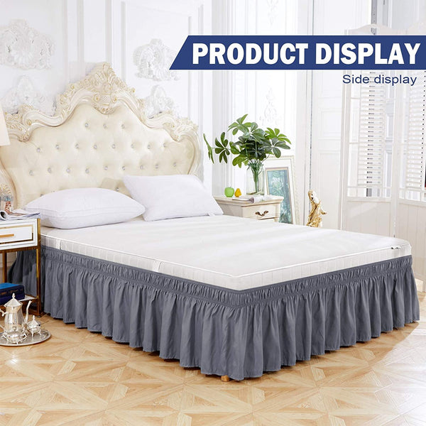 Grey Bed Skirt Wrap Around Elastic Dust Ruffles Solid Color Wrinkle and Fade Resistant with Adjustable Elastic Belt Easy to Install 15 Inch Drop - kuogo