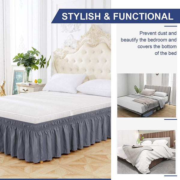 Grey Bed Skirt Wrap Around Elastic Dust Ruffles Solid Color Wrinkle and Fade Resistant with Adjustable Elastic Belt Easy to Install 15 Inch Drop - kuogo