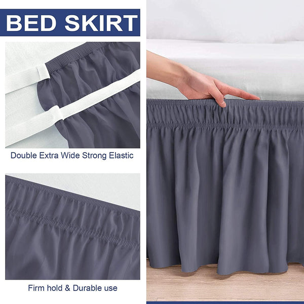 Grey Bed Skirt Wrap Around Elastic Dust Ruffles Solid Color Wrinkle and Fade Resistant with Adjustable Elastic Belt Easy to Install 15 Inch Drop - kuogo