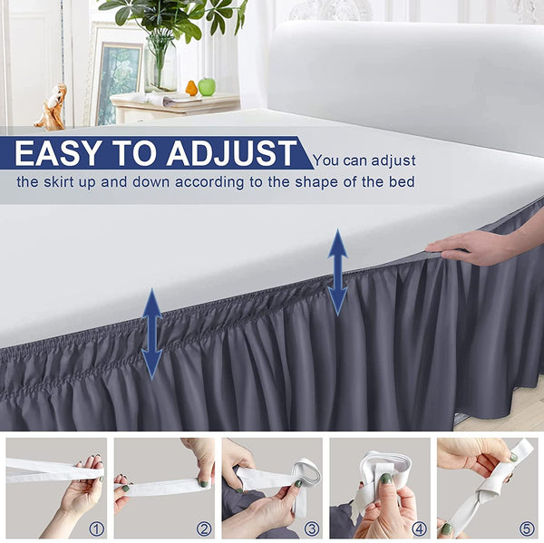 Grey Bed Skirt Wrap Around Elastic Dust Ruffles Solid Color Wrinkle and Fade Resistant with Adjustable Elastic Belt Easy to Install 15 Inch Drop - kuogo