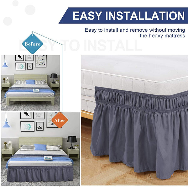 Grey Bed Skirt Wrap Around Elastic Dust Ruffles Solid Color Wrinkle and Fade Resistant with Adjustable Elastic Belt Easy to Install 15 Inch Drop - kuogo