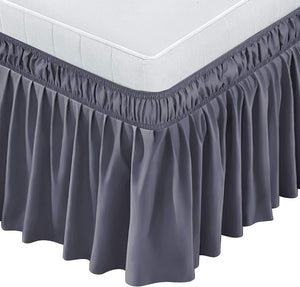 Grey Bed Skirt Wrap Around Elastic Dust Ruffles Solid Color Wrinkle and Fade Resistant with Adjustable Elastic Belt Easy to Install 15 Inch Drop - kuogo