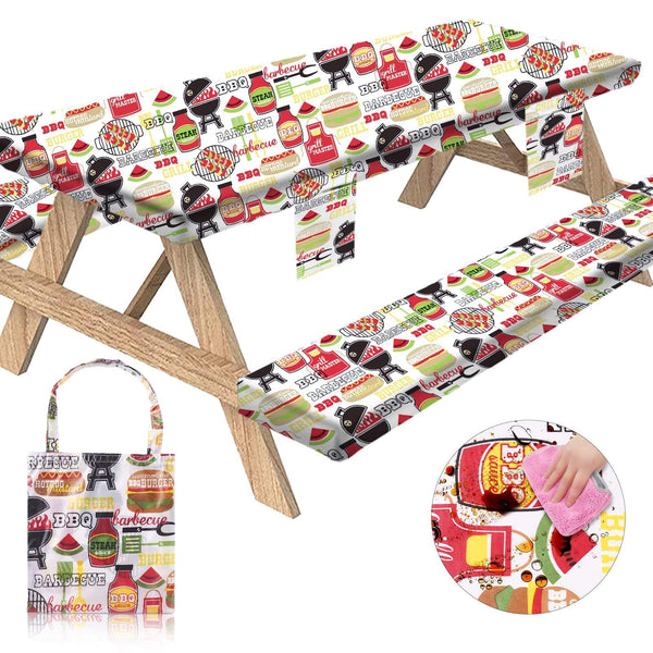 3Pcs Elastic Fitted Printed Oilproof Waterproof Picnic Table Covers and Bench Covers Set