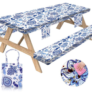 3Pcs Elastic Fitted Printed Oilproof Waterproof Picnic Table Covers and Bench Covers Set