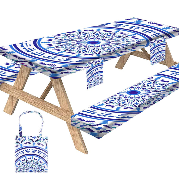 3Pcs Elastic Fitted Printed Oilproof Waterproof Picnic Table Covers and Bench Covers Set