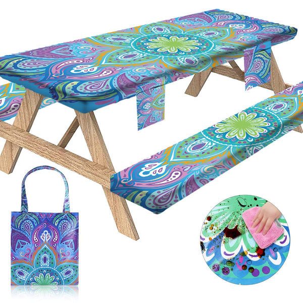 3Pcs Elastic Fitted Printed Oilproof Waterproof Picnic Table Covers and Bench Covers Set