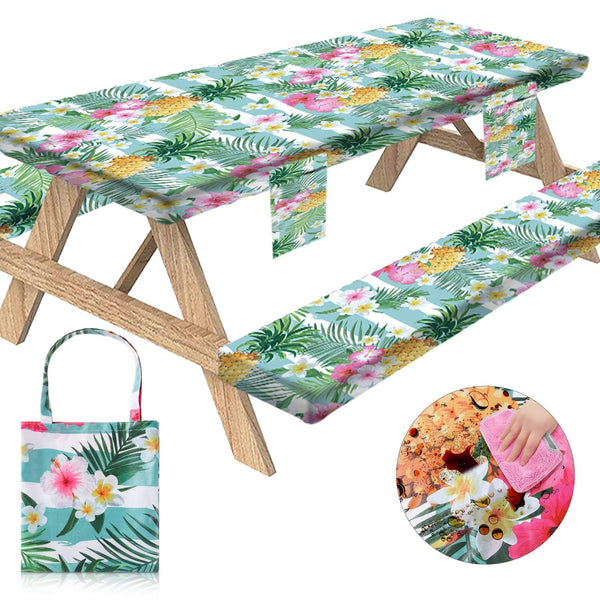 3Pcs Elastic Fitted Printed Oilproof Waterproof Picnic Table Covers and Bench Covers Set